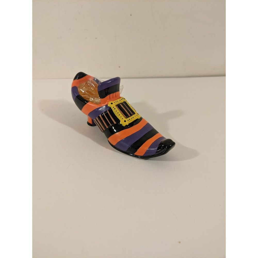NIB Halloween Witch Shoe Candle Holder Purple Black Orange Heel Buckle w/ Candle